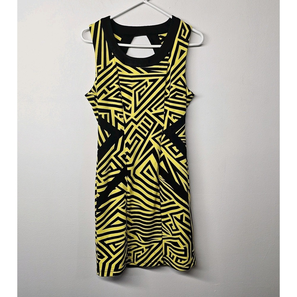 Kardashian Kollection Medium Bodycon Dress Yellow Black Geometric‎ Cutout Back